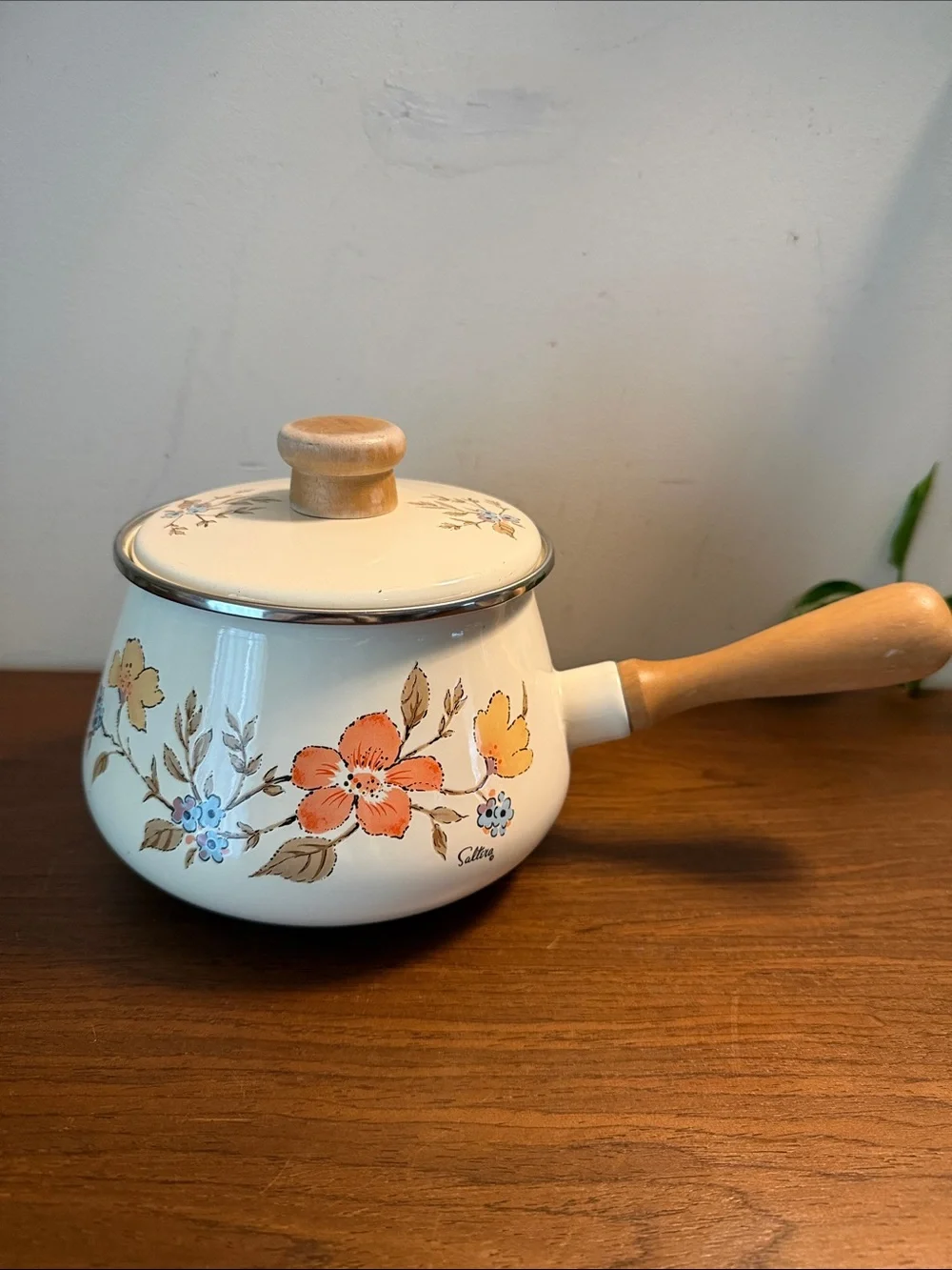 Vintage 80s Saltera Pastel Wildflowers Enamel Fondue Pot